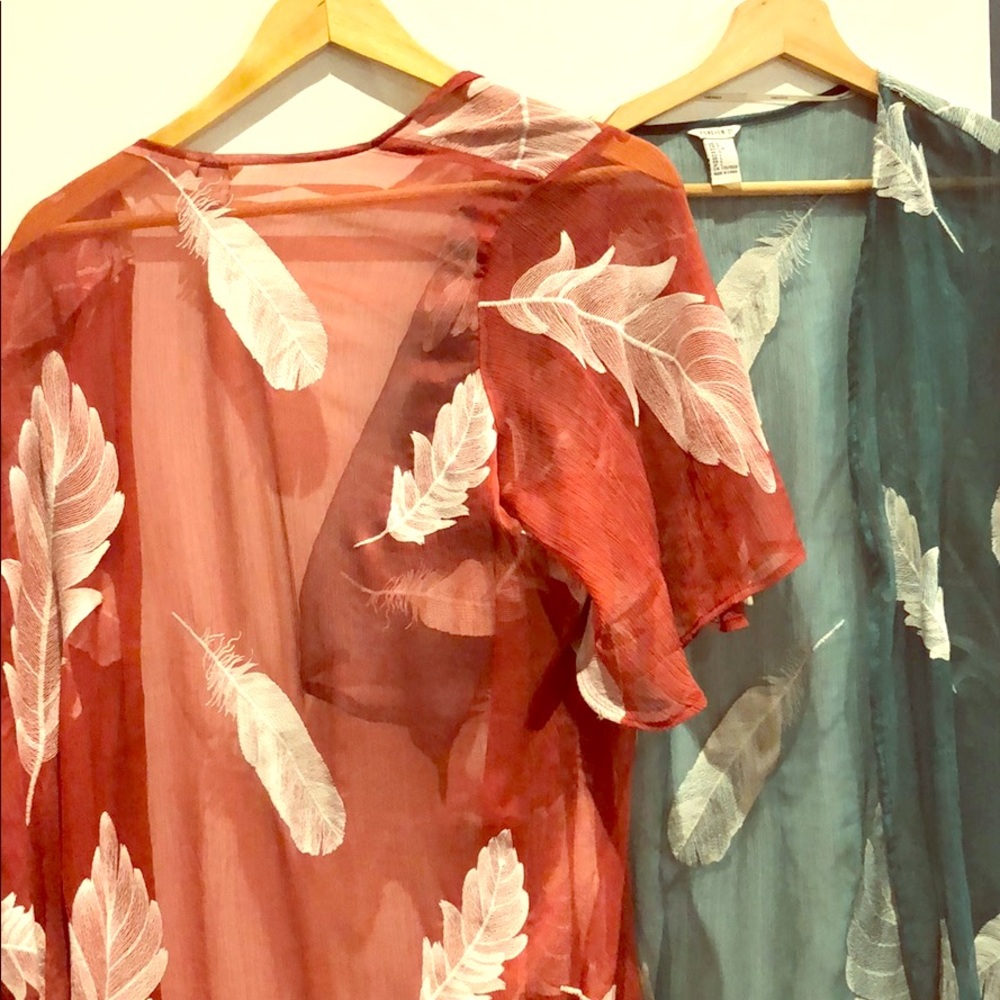 2 sheer kimonos with feather embroidered